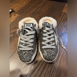 Golden Gooose Women’s Super-Star Glitter Mule Sneakers in Black Glitter/Beige